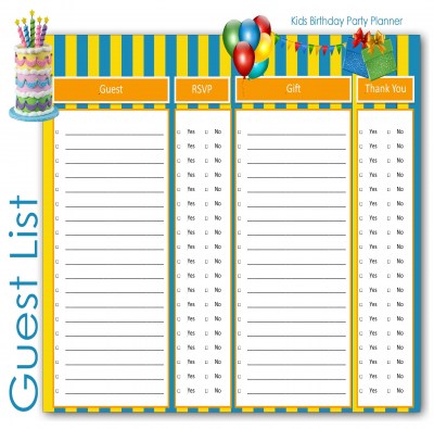Birthday Party Planner Guest List for Kids